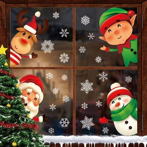 Christmas window decals featuring Santa, reindeer, snowman, and white snowflakes for glass
