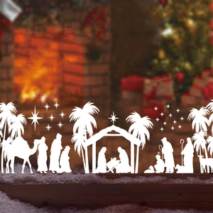 White Nativity silhouette scene PVC stickers featuring baby Jesus and Bethlehem star