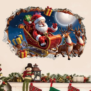 3D Christmas Broken Wall Sticker Santa Claus Sleigh Reindeer Moon PVC Self Adhesive Festive Home Decor Wall Mural Holiday