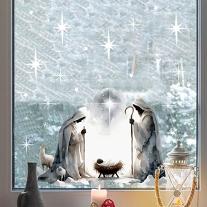 Christmas nativity window stickers with Jesus scene and white stars on glass display