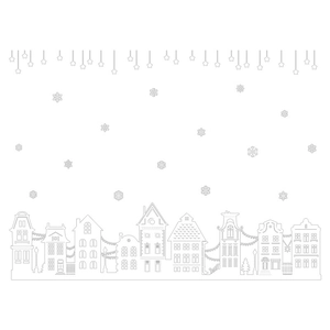 Christmas window stickers with snowy house silhouettes and hanging snowflakes design