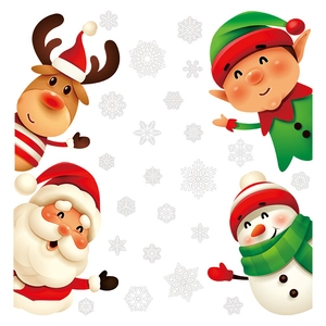 Christmas window stickers set with cartoon Santa, Snowman, Reindeer and Elf illustrations