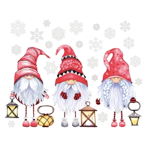Pink Christmas gnomes window stickers set with snowflakes and lanterns on white background
