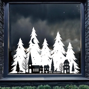 White Christmas window silhouette decals with trees and church for winter decor
