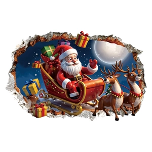 3D Christmas wall sticker featuring Santa Claus and reindeer breaking through the wall