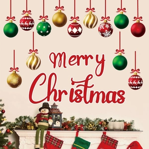 Merry Christmas wall stickers with colorful hanging ornaments and festive fireplace scene