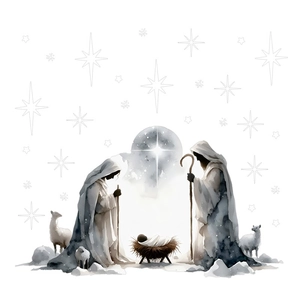 Religious Nativity Scene window cling featuring Jesus, Mary and Joseph in watercolor style