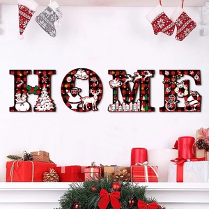Christmas HOME wooden signs with red black buffalo plaid and festive holiday characters