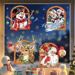 Christmas 3D window stickers set with Santa Claus Penguin Reindeer and Snowman on glass