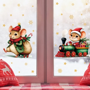 Christmas mouse and train PVC wall decals for kids room window holiday decoration