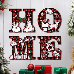 Christmas HOME wooden wall sign with red plaid patterns and festive holiday illustrations