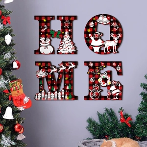 Christmas HOME wooden sign with red buffalo plaid pattern and festive holiday illustrations