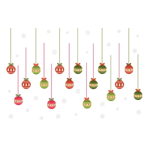 Christmas wall stickers with red and green hanging balls and white snowflakes decorations