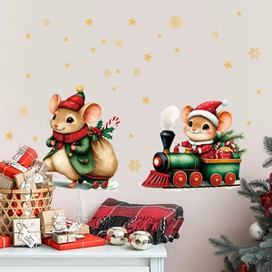 Christmas cartoon mouse and steam train PVC wall stickers with gold stars and snowflakes