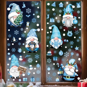 Adesivi per Finestre di Natale PVC Blu Gnomi Fiocchi di Neve Pupazzo di Neve Decalcomanie per Vetro Decorazione Casa