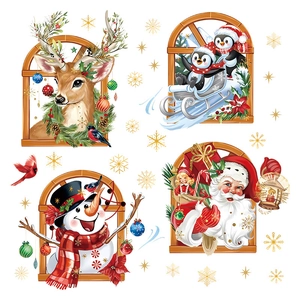 3D Christmas window stickers featuring Santa, Reindeer, Penguin and Snowman in wood frames