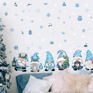 Adesivi per finestre con gnomi di Natale blu e fiocchi per decorazioni invernali