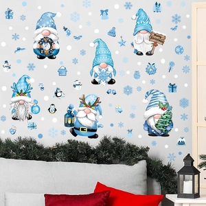 Adesivi natalizi blu con gnomi e fiocchi di neve per decorazione murale delle feste