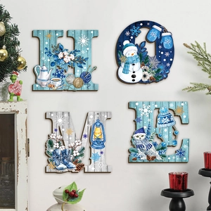 Winter-themed HOME wooden wall hanging set with snowman and snowflake patterns for Christmas