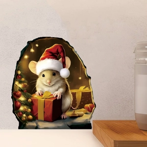 3D Christmas wall sticker featuring a cute mouse, holiday tree and gift box on white wall