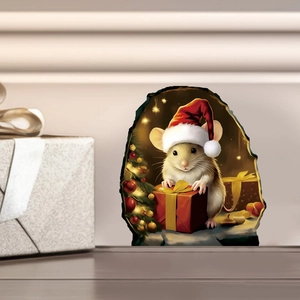 3D Christmas wall sticker featuring a cute mouse with a gift box and Xmas tree decoration