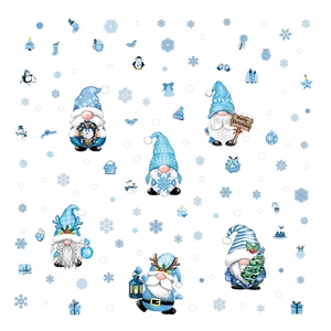 Adesivi natalizi blu per finestre con gnomi nordici, fiocchi di neve e scritte di Natale