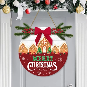 Christmas Wooden Welcome Sign Round Gingerbread House Print Door Hanger With Red Bow Faux Pine Decoration Holiday Wall Decor