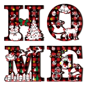 Christmas HOME wooden letters with red buffalo plaid pattern for holiday wall decor