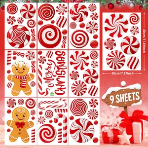 Close-up of 9 sheets Christmas gingerbread man and candy cane window stickers for decor