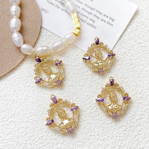 Baroque relief gold pendant with purple gemstone and pearls on minimalist bracelet
