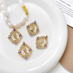 Baroque pearl necklace with gold-plated vintage cameo pendant and purple zircon charms
