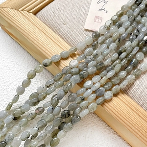 Détail de perles ovales en labradorite polie sur lin pour création de bijoux DIY