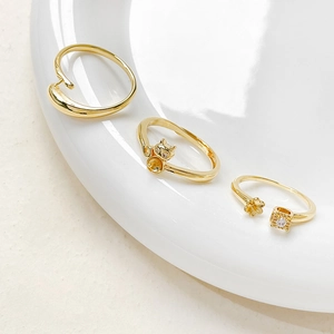 Set di anelli placcati oro 14k con design gatto minimalista e zircone micro-intarsiato