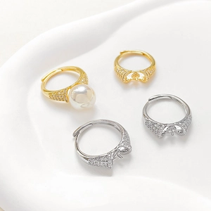 Copper 18k Gold Plated Zircon Adjustable Ring Setting Base For Artificial Pearl DIY Jewelry Making Micro Pave Cubic Zirconia Ring