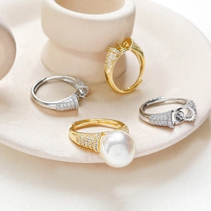 Adjustable 18k gold plated ring base with zircon settings for DIY pearl jewelry making