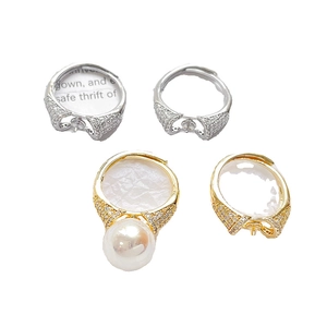 Adjustable 18k gold plated ring base with cubic zirconia and pearl mounting detail
