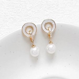 18k gold plated drop earrings with white shell studs, zircon links and round pearls