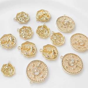 18k gold plated copper charm pendants with moon rose flower and cubic zirconia for DIY jewelry