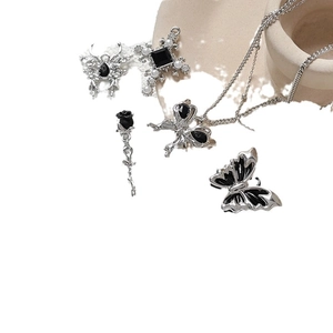 Gothic silver alloy jewelry charms set with black roses, crosses and butterfly pendants