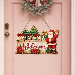 Christmas wooden welcome door sign featuring Santa, Xmas tree and gifts on pink door