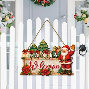 Christmas wooden welcome sign featuring Santa and tree on a white fence decor