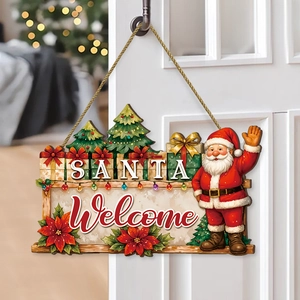 Christmas wooden SANTA Welcome sign door wreath with festive floral and tree decor