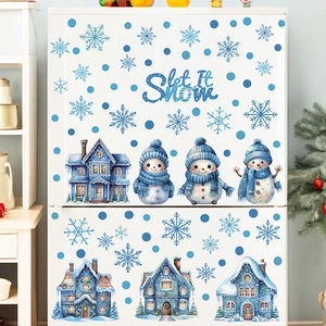 Winter Christmas snowman snowflake window stickers set in blue and white on fridge