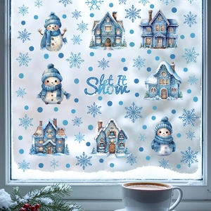 Winter window stickers with cute blue snowmen, snowy houses, and Let It Snow lettering decor
