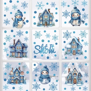 Christmas Cute Snowman Snowflake Window Stickers Winter Blue Snow House PVC Static Cling Decals For Glass Holiday Home Decor