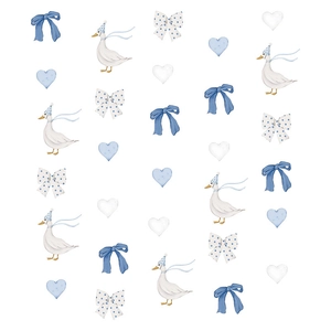 Boho watercolor wall decals featuring white geese with blue bows and hearts for kids room