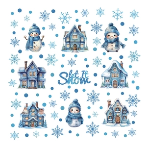 Winter wonderland window stickers set with blue snowmen, houses and Let It Snow text