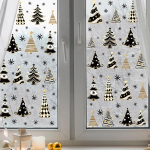 Golden Christmas tree and snowflake static window stickers for festive glass decoration