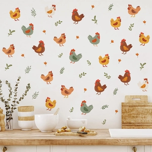 Stickers muraux poulet dessin animé pour chambre d'enfant avec style ferme et feuilles