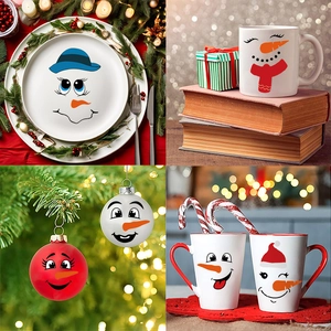DIY Christmas snowman face stickers for holiday mug, plate, and ornament decorations